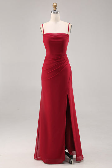 Dark Red Ruched Chiffon Spaghetti Straps Long Bridesmaid Dress with Slit